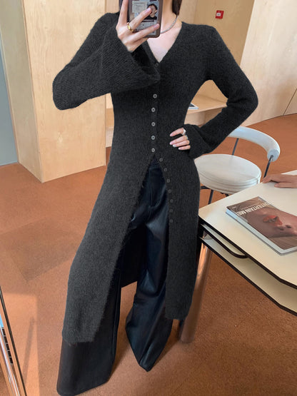 V-Neck Longline Cardigan with Button Closure and Long Sleeves