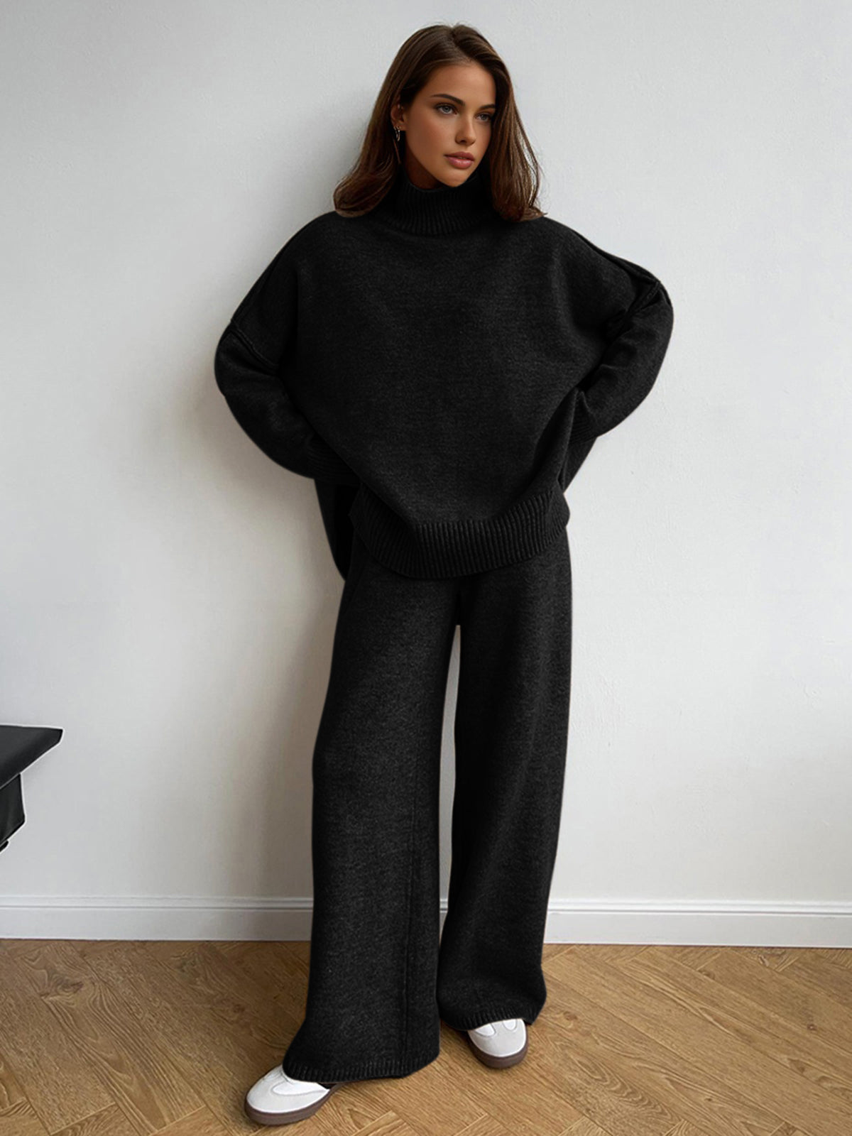 High Neck Relaxed Sweater Set with Long Sleeves and Ribbed Hem