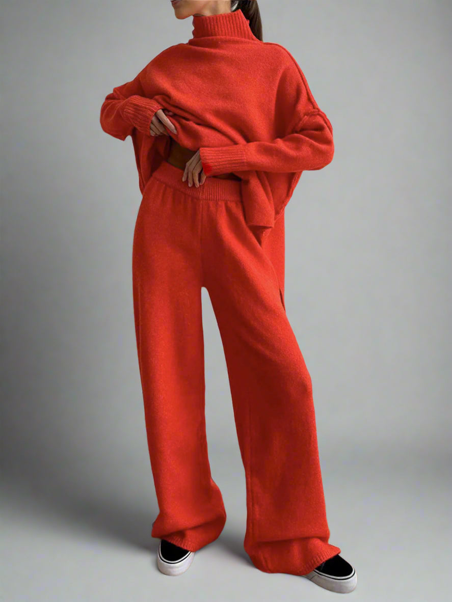 Turtleneck Long Sleeve Ribbed Hem Sweater and Knit Pants Set