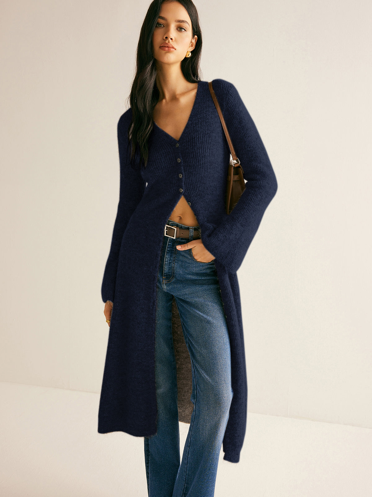 V-Neck Longline Cardigan with Button Closure and Long Sleeves