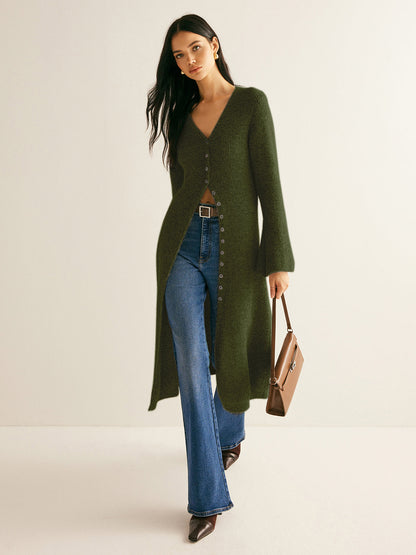 V-Neck Longline Cardigan with Button Closure and Long Sleeves