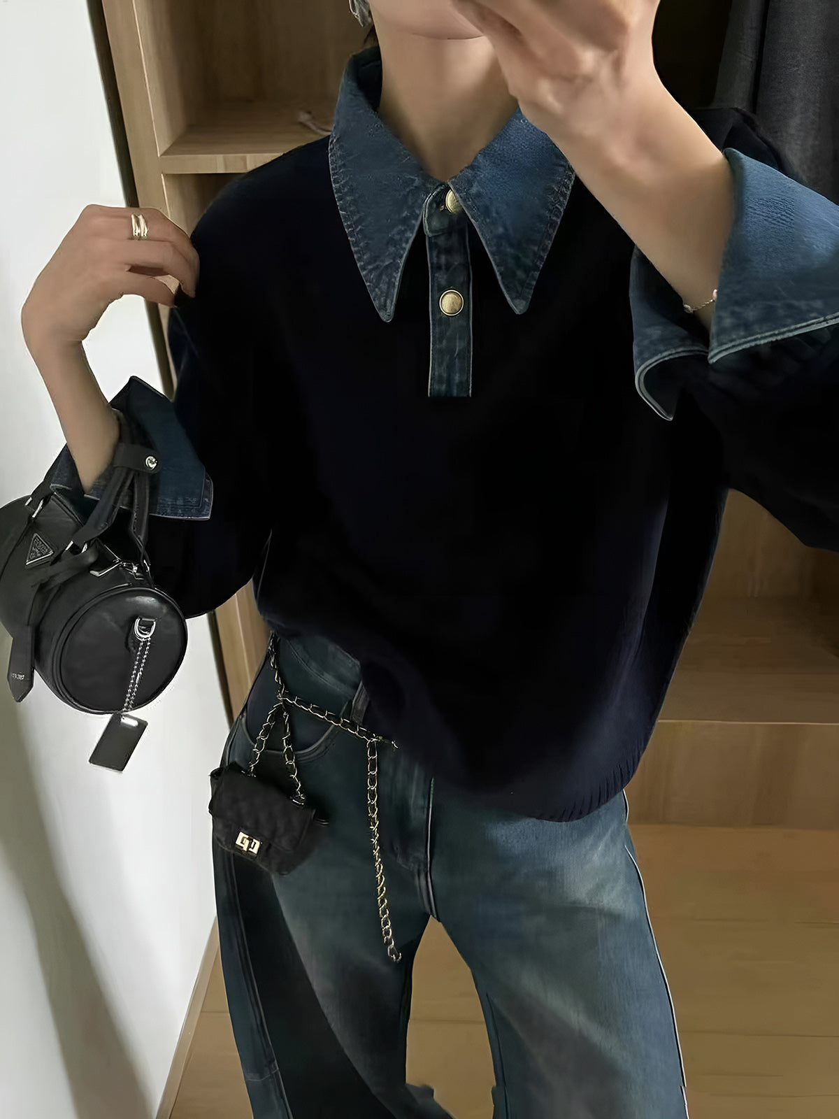 Sweater with Denim Collar, Button Placket and Long Sleeves