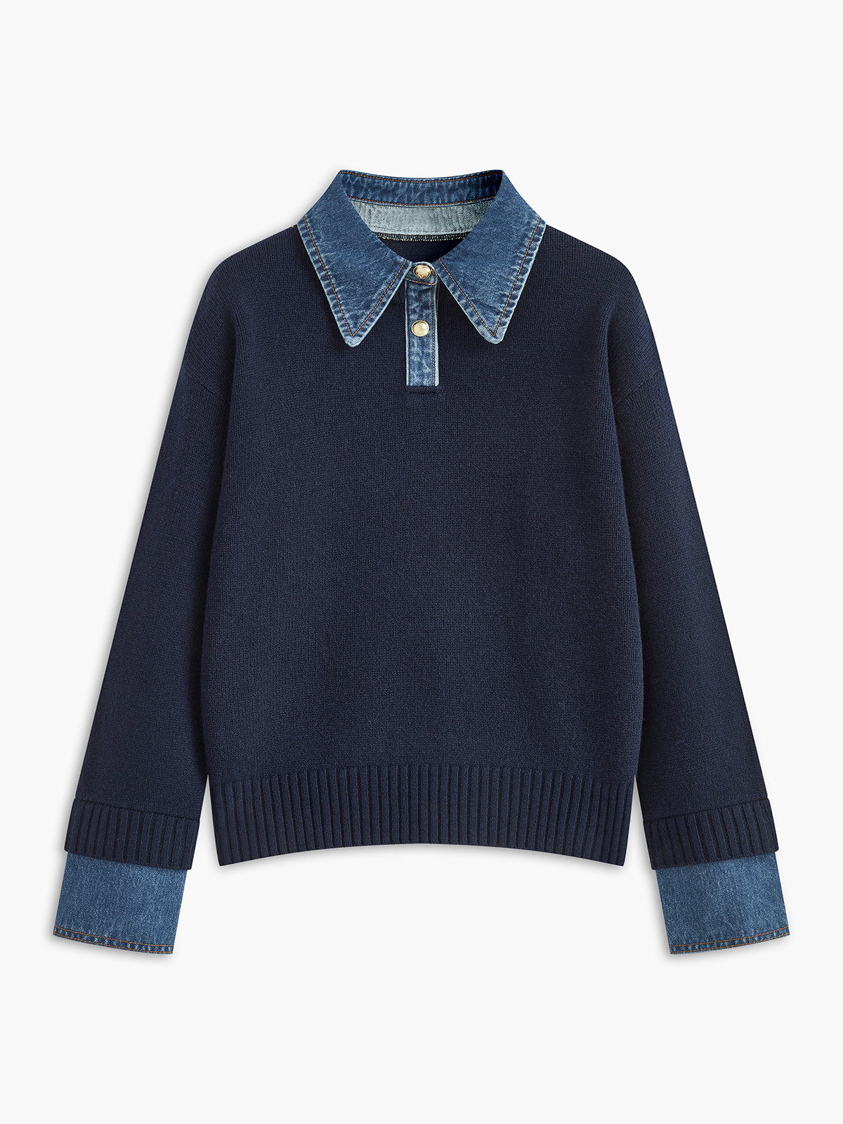 Sweater with Denim Collar, Button Placket and Long Sleeves