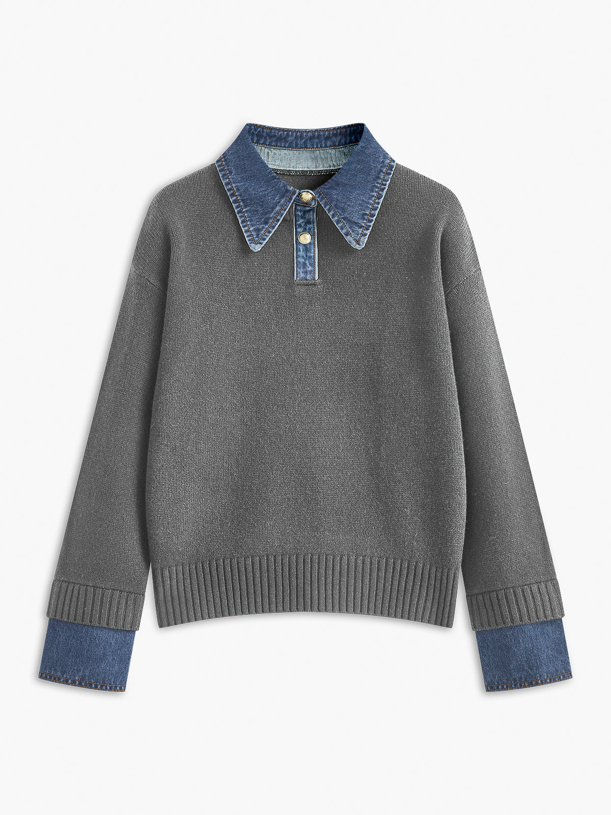 Sweater with Denim Collar, Button Placket and Long Sleeves