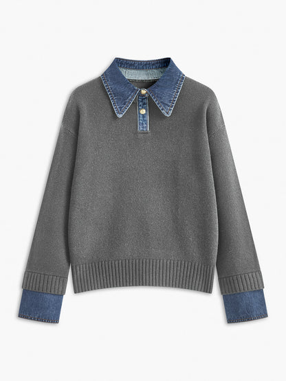 Sweater with Denim Collar, Button Placket and Long Sleeves
