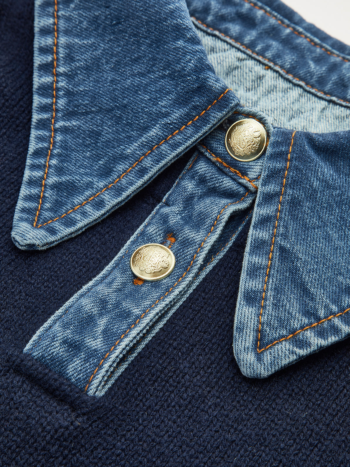 Sweater with Denim Collar, Button Placket and Long Sleeves