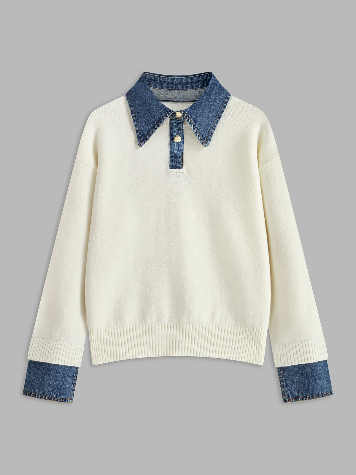 Sweater with Denim Collar, Button Placket and Long Sleeves