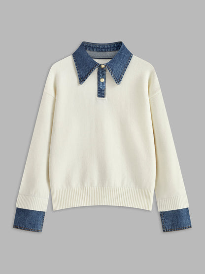 Sweater with Denim Collar, Button Placket and Long Sleeves