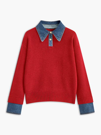 Sweater with Denim Collar, Button Placket and Long Sleeves