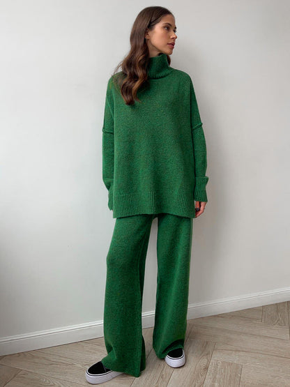 High Neck Relaxed Sweater Set with Long Sleeves and Ribbed Hem
