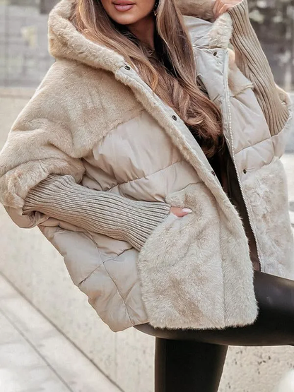 Puffer Jacket with Faux Fur Panels and Knit Cuffs
