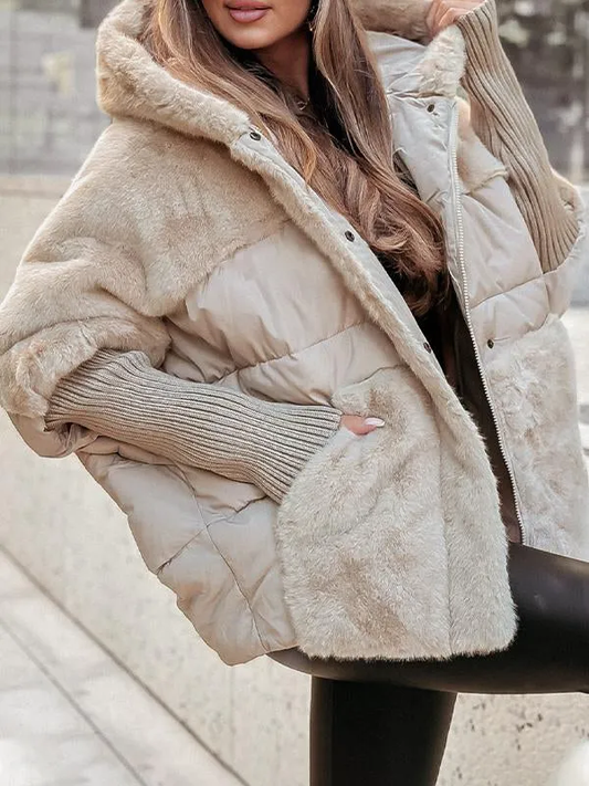 Puffer Jacket with Faux Fur Panels and Knit Cuffs