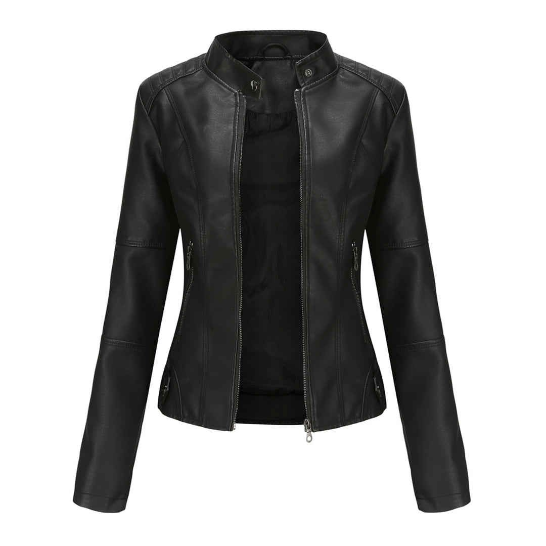 Faux Leather Jacket with Stand Collar and Zip Closure