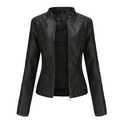 Faux Leather Jacket with Stand Collar and Zip Closure