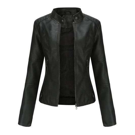 Faux Leather Jacket with Stand Collar and Zip Closure