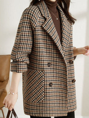 Notched Lapel Houndstooth Blazer with Double-Breasted Closure and Rolled Cuffs