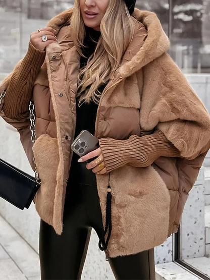 Puffer Jacket with Faux Fur Panels and Knit Cuffs