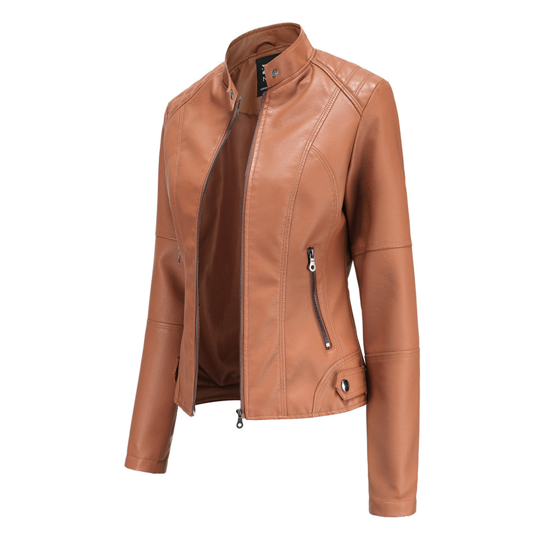 Faux Leather Jacket with Stand Collar and Zip Closure
