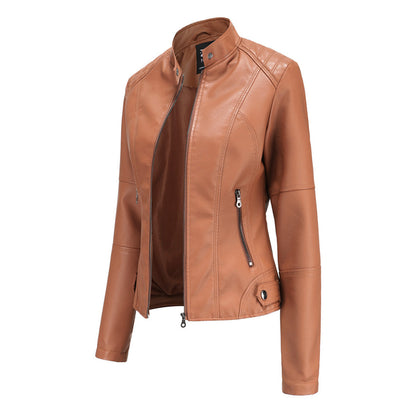 Faux Leather Jacket with Stand Collar and Zip Closure