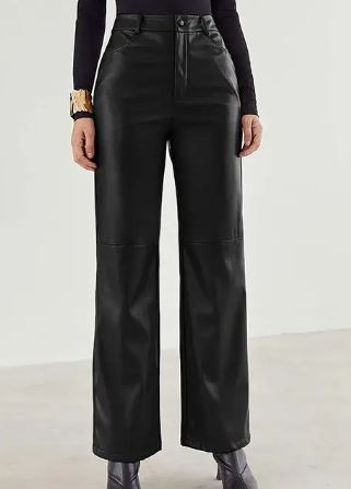 High-Waist Wide-Leg Leather Trousers with Button and Zip Closure