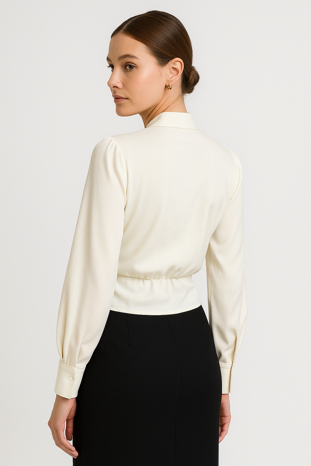 Faux-Wrap Blouse with Draped V-Neckline and Buttoned Cuffs