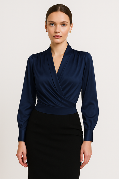 Faux-Wrap Blouse with Draped V-Neckline and Buttoned Cuffs