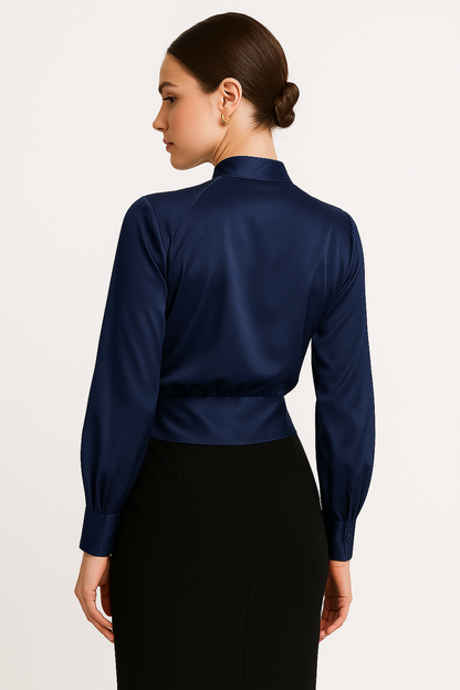 Faux-Wrap Blouse with Draped V-Neckline and Buttoned Cuffs