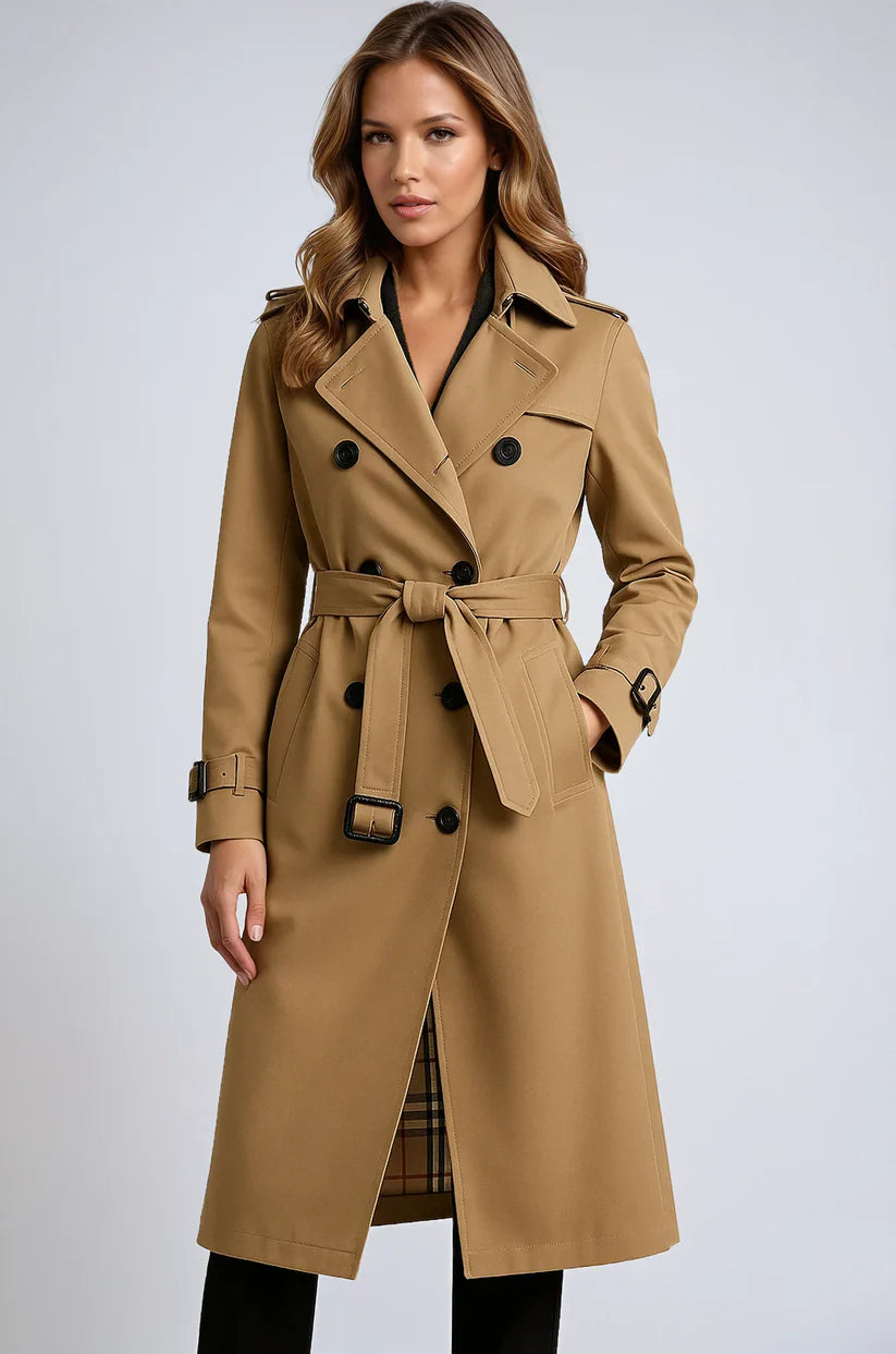 Double-Breasted Trench Coat with Notched Lapels, Tie-Waist Belt, and Mid-Calf Length
