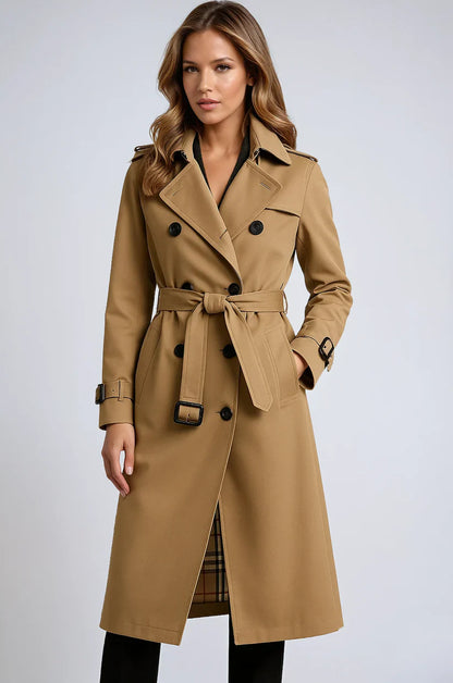 Double-Breasted Trench Coat with Notched Lapels, Tie-Waist Belt, and Mid-Calf Length