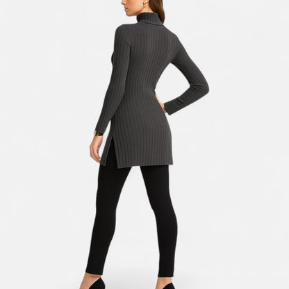 Ribbed Knit Turtleneck Sweater with Side Slits