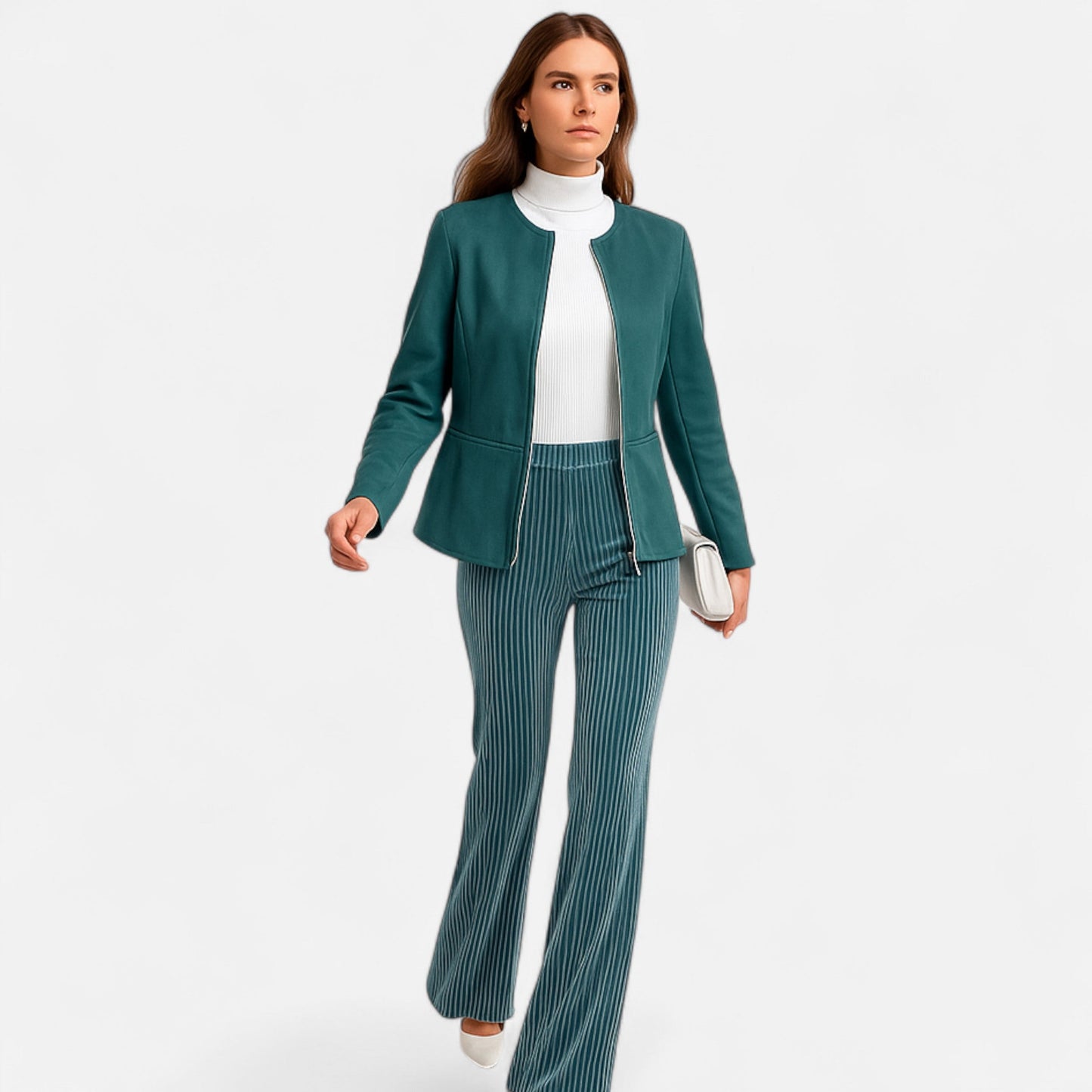 Round Neck Jacket with Zip Closure and Welt Pockets