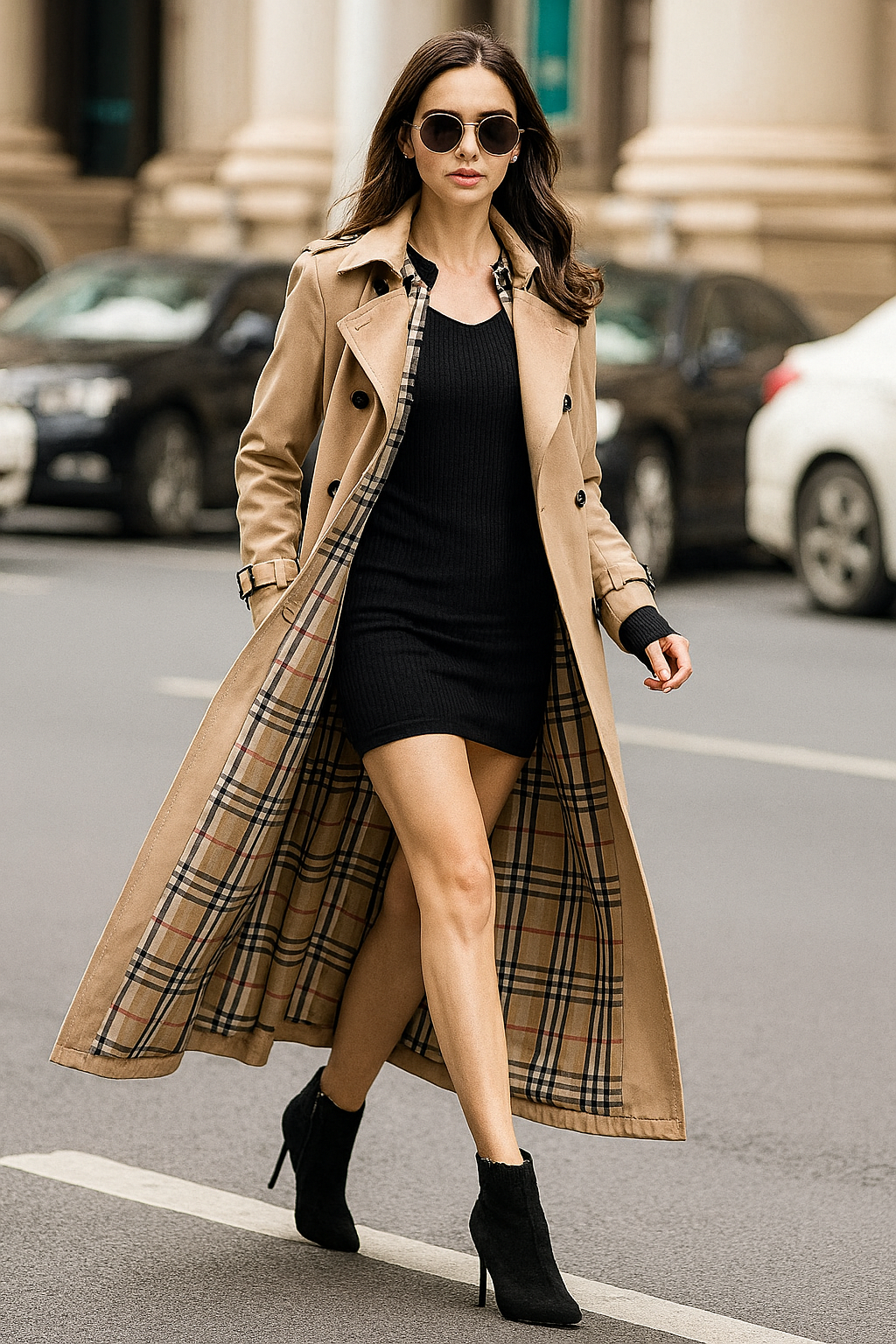 Double-Breasted Trench Coat with Notched Lapels, Tie-Waist Belt, and Mid-Calf Length