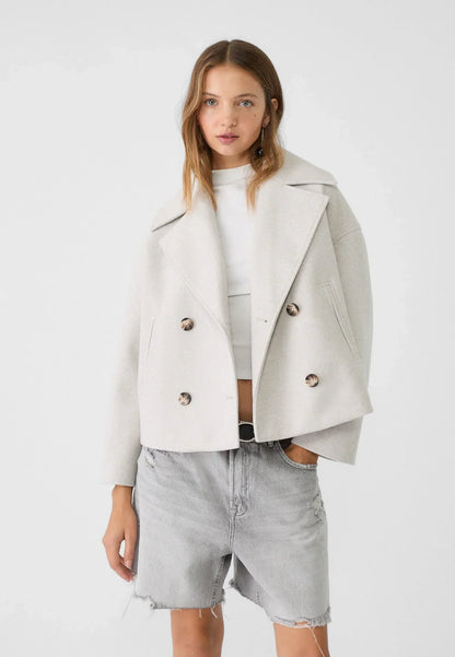 Cropped Double-Breasted Jacket with Notched Lapels and Broad Sleeves