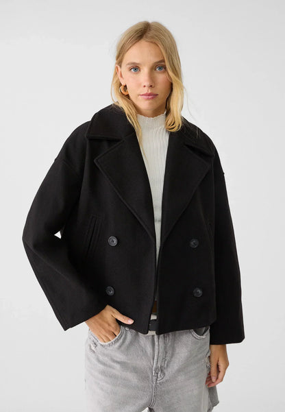 Cropped Double-Breasted Jacket with Notched Lapels and Broad Sleeves