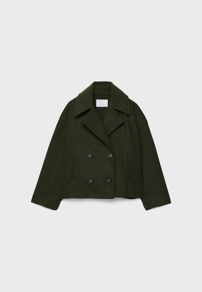 Cropped Double-Breasted Jacket with Notched Lapels and Broad Sleeves