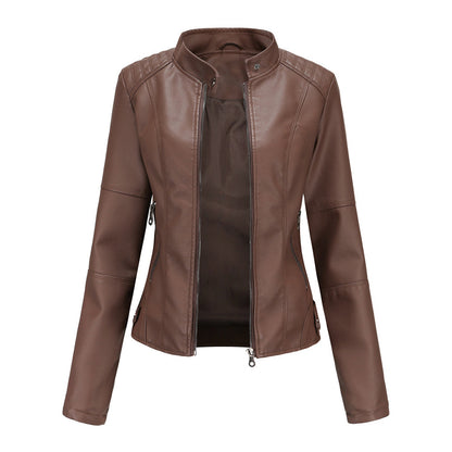 Faux Leather Jacket with Stand Collar and Zip Closure