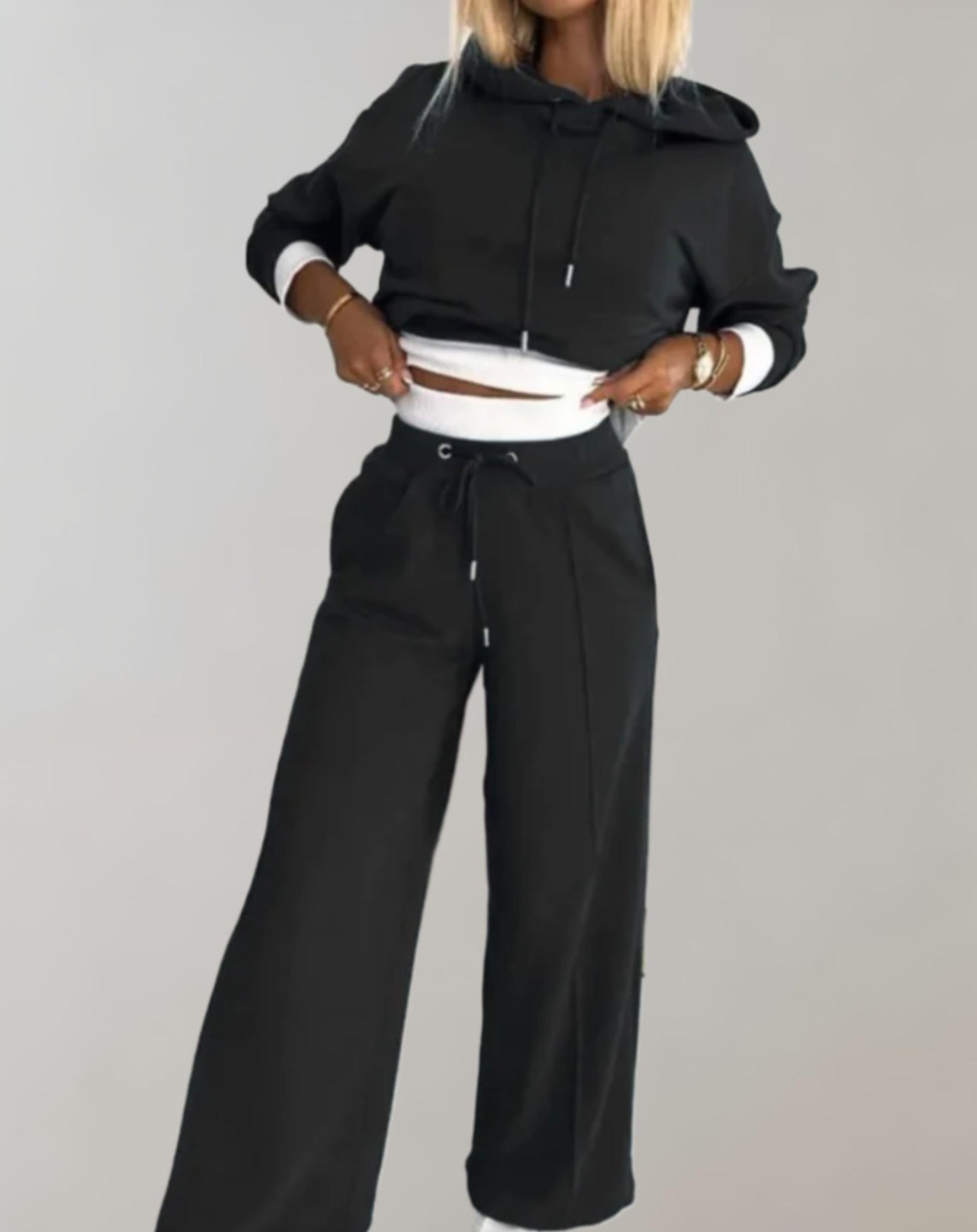 Cropped Hoodie and Wide-Leg Trousers Two-Piece Set with Drawstring Closure