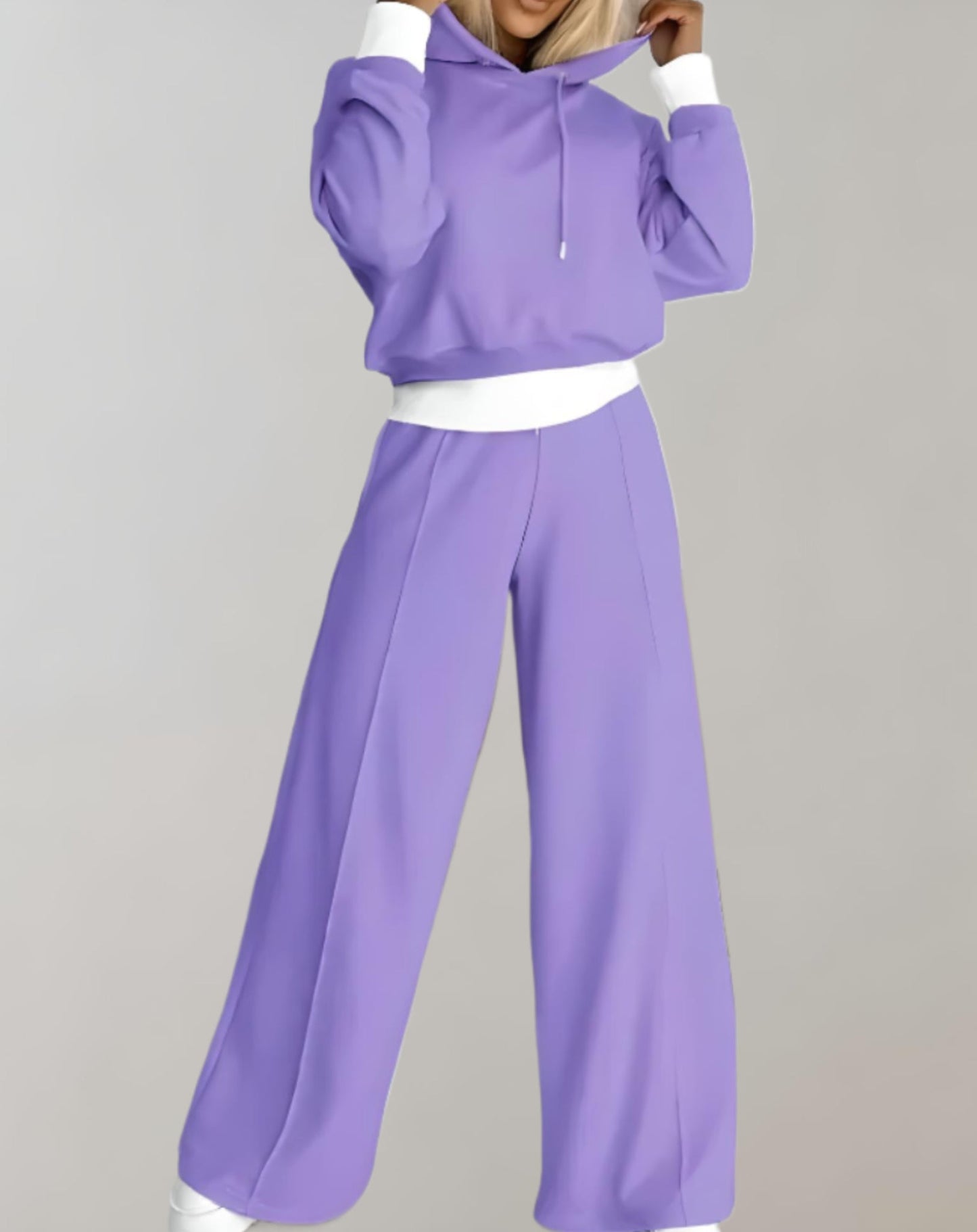 Cropped Hoodie and Wide-Leg Trousers Two-Piece Set with Drawstring Closure
