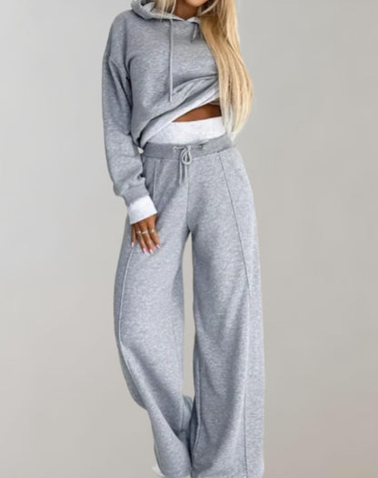 Cropped Hoodie and Wide-Leg Trousers Two-Piece Set with Drawstring Closure