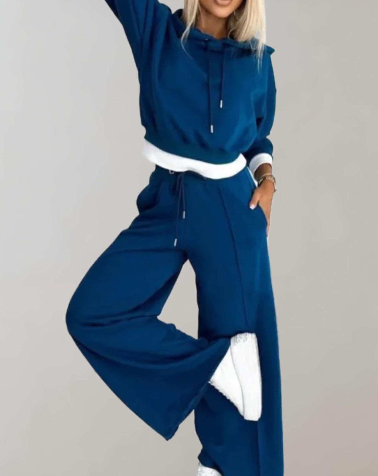 Cropped Hoodie and Wide-Leg Trousers Two-Piece Set with Drawstring Closure