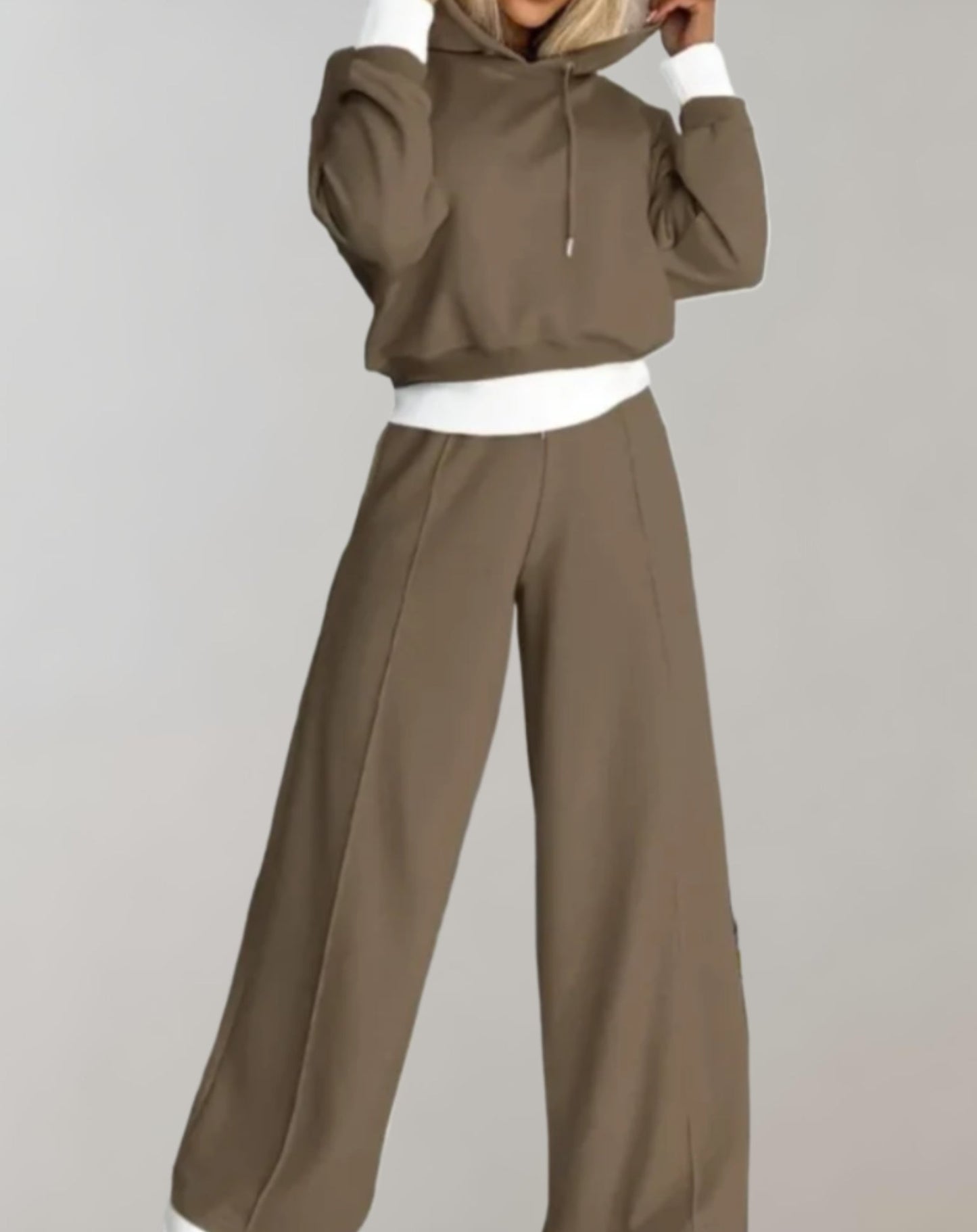 Cropped Hoodie and Wide-Leg Trousers Two-Piece Set with Drawstring Closure