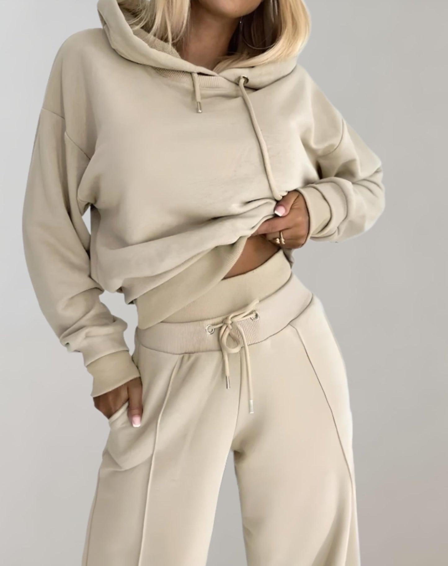 Cropped Hoodie and Wide-Leg Trousers Two-Piece Set with Drawstring Closure