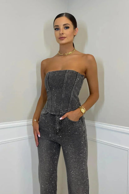 Rhinestone Embellished Denim Two-Piece Set with Strapless Corset Top