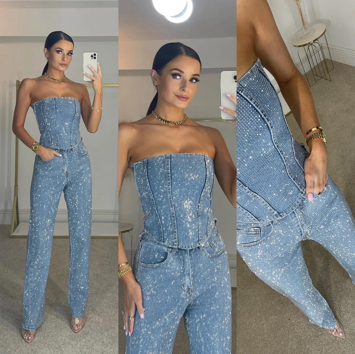 Rhinestone Embellished Denim Two-Piece Set with Strapless Corset Top