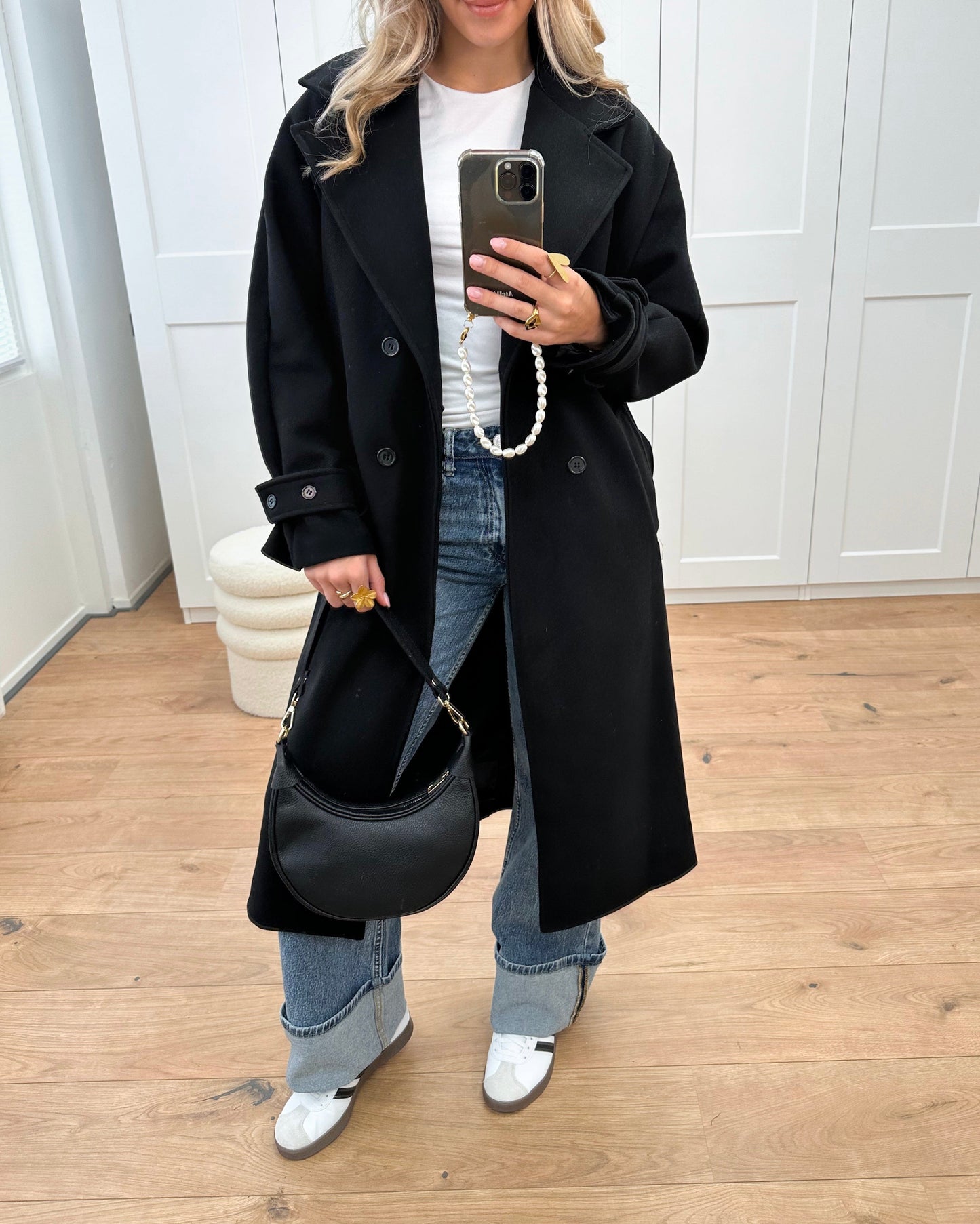 Double-Breasted Long Coat with Notched Lapels and Tie-Cuffs