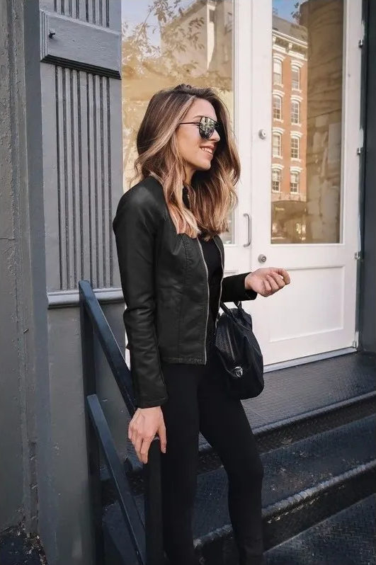 Round Neck Leather Jacket with Gold-Tone Zip Closure and Long Sleeves