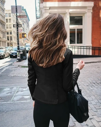 Round Neck Leather Jacket with Gold-Tone Zip Closure and Long Sleeves