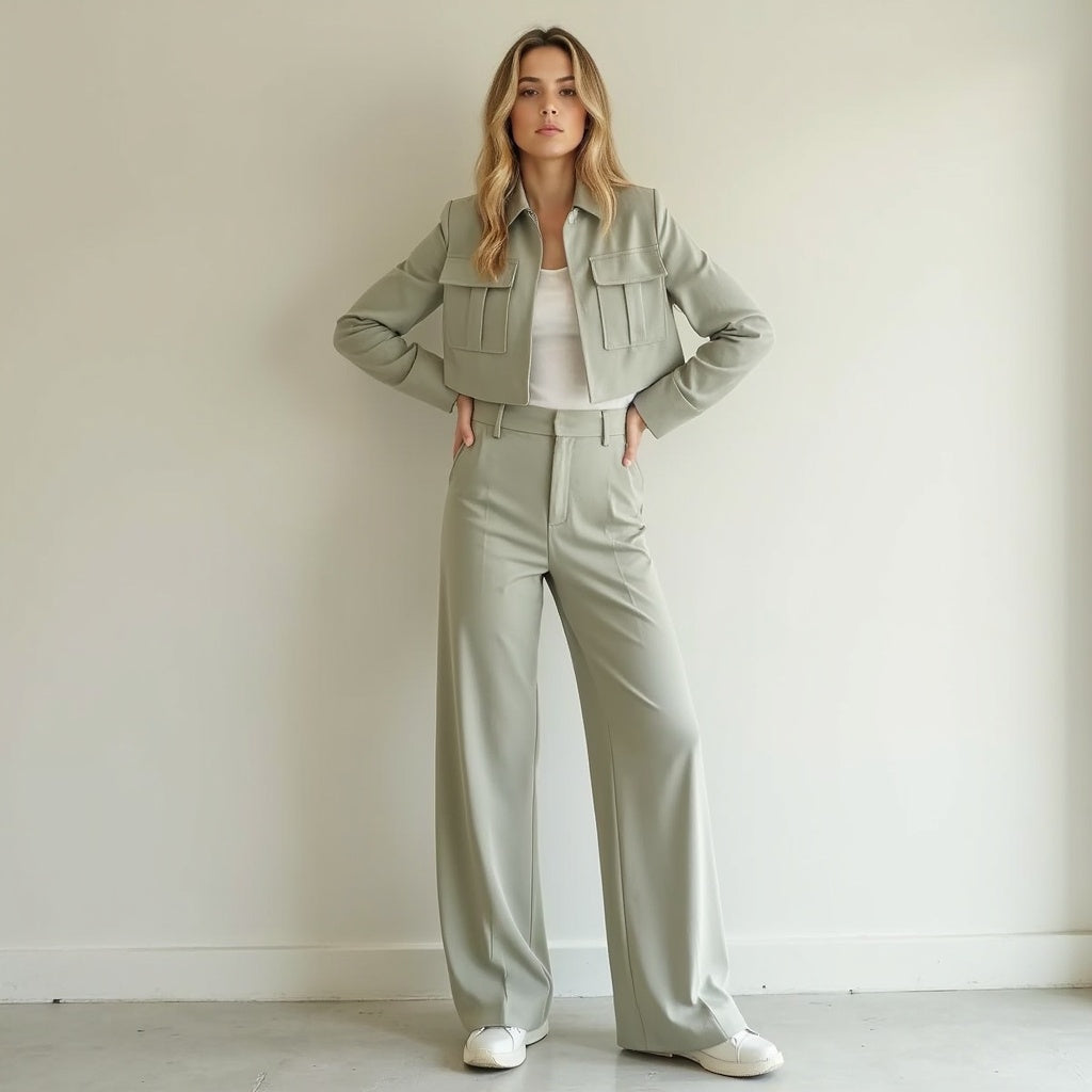 Jacket and Wide-Leg Trouser Set with Flap Pockets and Straight Collar