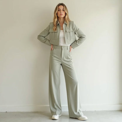 Jacket and Wide-Leg Trouser Set with Flap Pockets and Straight Collar
