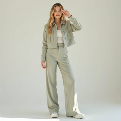 Jacket and Wide-Leg Trouser Set with Flap Pockets and Straight Collar